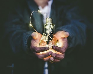 豆電球を両手で支えている写真 